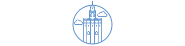 Blue circular logo with building silhouette and barcode design.