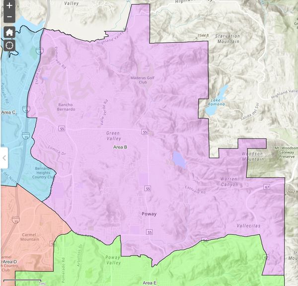 Map of Poway and surrounding areas with color-coded sections.