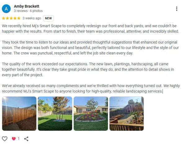 Beautifully redesigned yard with new lawn, plantings, and hardscaping.