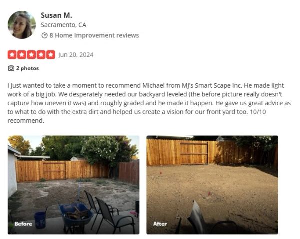 Before and after photos of a backyard leveling project by MJ's Smart Scape Inc.