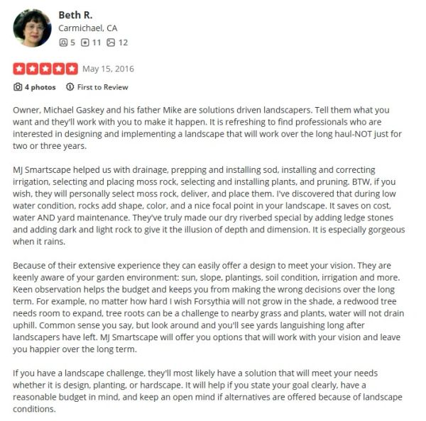 Positive detailed Yelp review praising ML Smartscape's landscaping services and expertise.