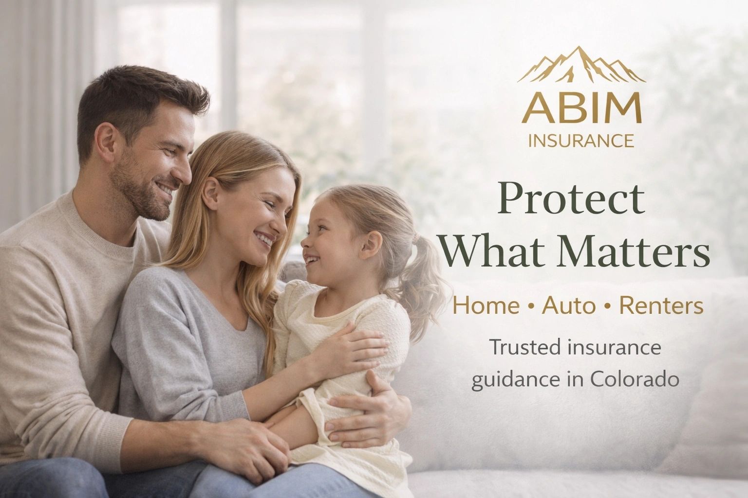 ABIM Insurance Colorado cover with family photo  “Protect What Matters” home auto, an renters text