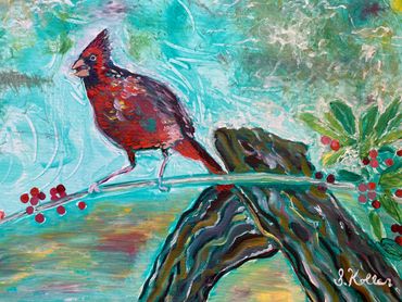 Cardinal on Holly - Oil on Canvas