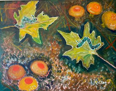 Caterpillars and Mushrooms - Oil on Canvas