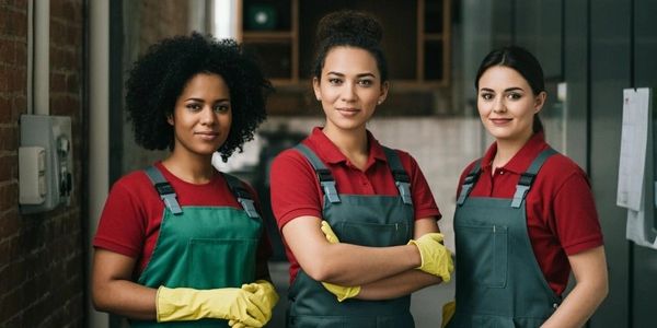 Three confident women in work uniforms and yellow gloves pose in a hallway.