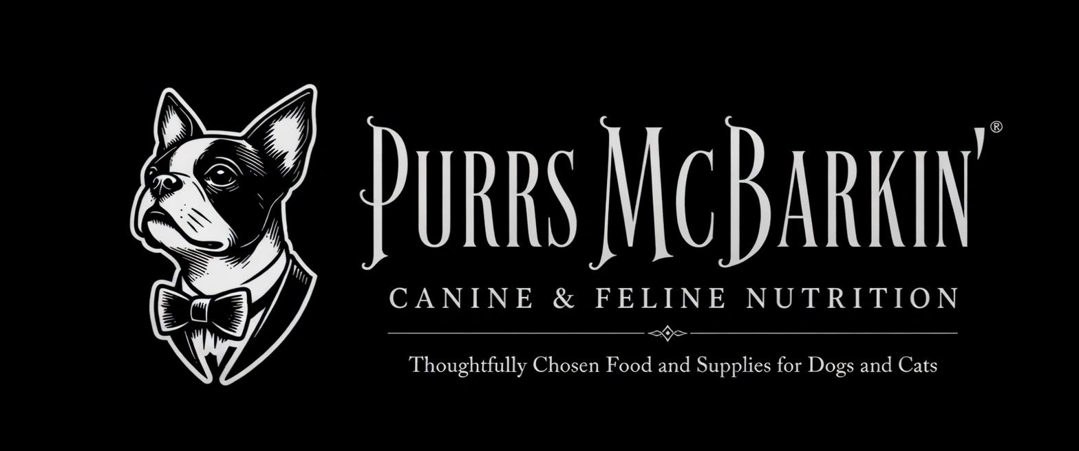 Purrs McBarkin’ Canine & Feline Nutrition logo with dog bow tie icon.