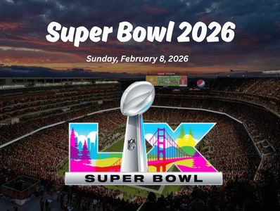 Super Bowl 2026 announcement with logo and date over a packed stadium.