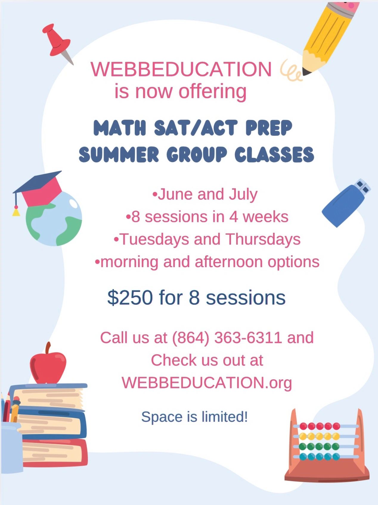 Webbed Education offers summer SAT/ACT math prep group classes in June and July.