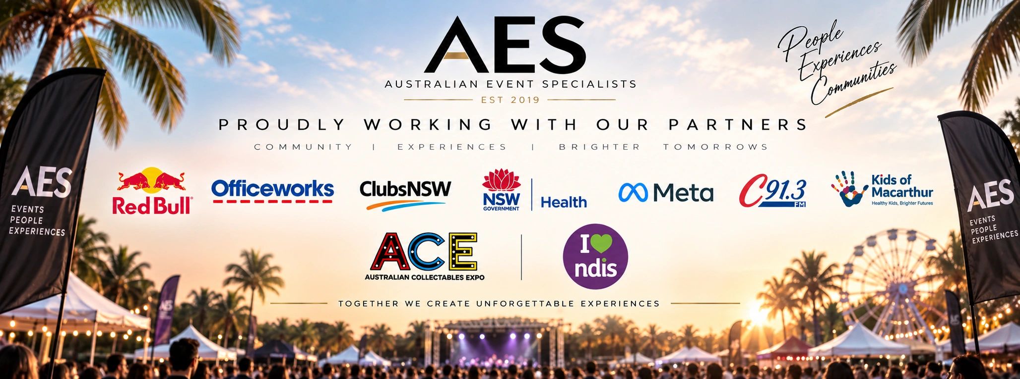 AES event banner showcasing partner logos at an outdoor festival.