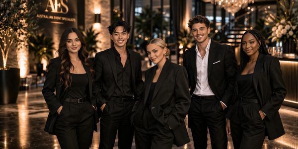 Five stylish young adults in black suits posing confidently indoors.
