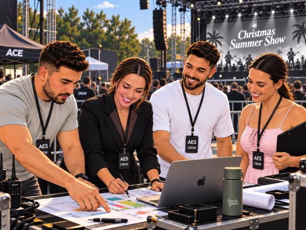 Event crew planning at Christmas Summer Show outdoors.