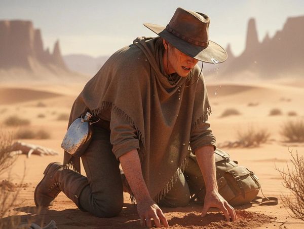 A man in a poncho and hat struggles in a desert, sweating heavily.