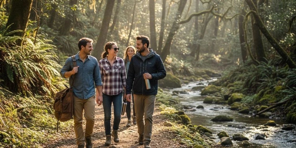 Four friends hiking and enjoying a forest trail near a stream.