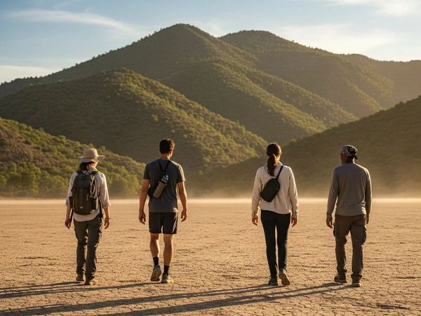 Four hikers walk across a dry desert with green mountains ahead at sunset.