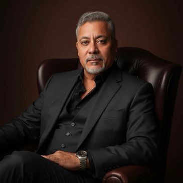 Confident man in a black suit seated in a leather chair.