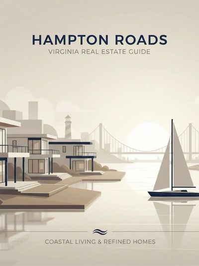 Modern coastal homes by the water with a sailboat and bridge in the background.