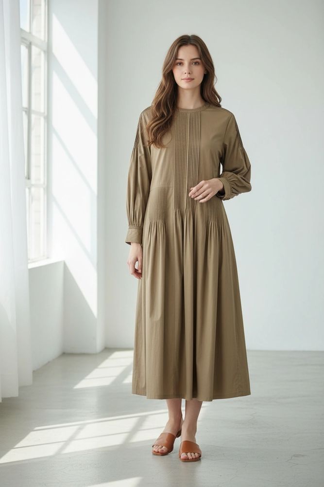 Woman wearing a long, olive-green dress with pleated details and brown sandals.