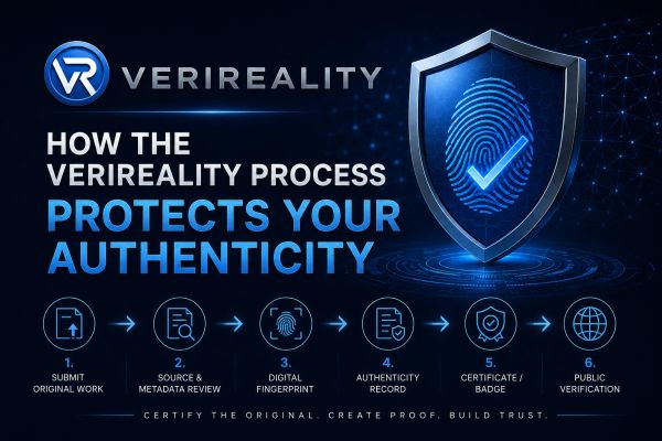 Infographic explaining Verireality's process to protect authenticity through digital verification steps.