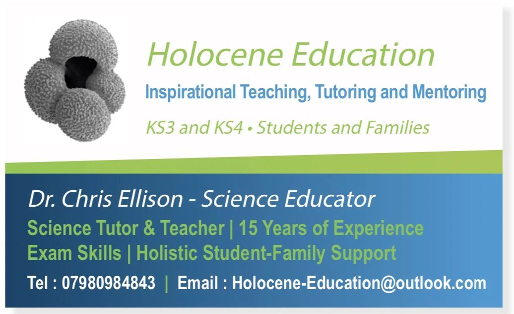 Business card for Dr. Chris Ellison, Science Educator, offering tutoring and mentoring for KS3 and KS4 students.
