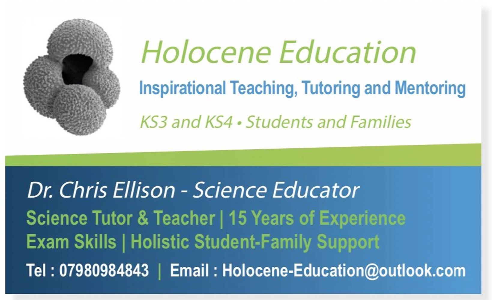 Business card for Dr. Chris Ellison, Science Educator, offering tutoring and mentoring for KS3 and KS4 students.