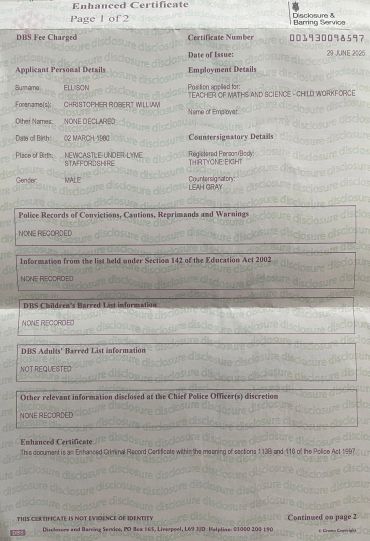 Enhanced DBS certificate for Christopher Robert William Ellison.