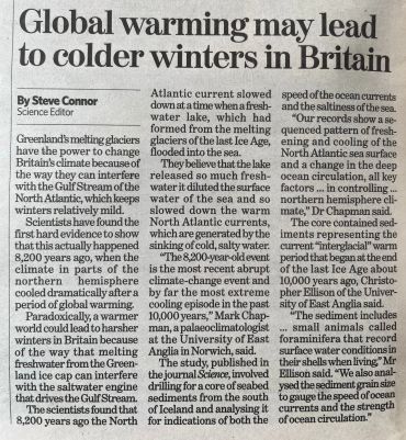 Newspaper article on global warming possibly causing colder winters in Britain.