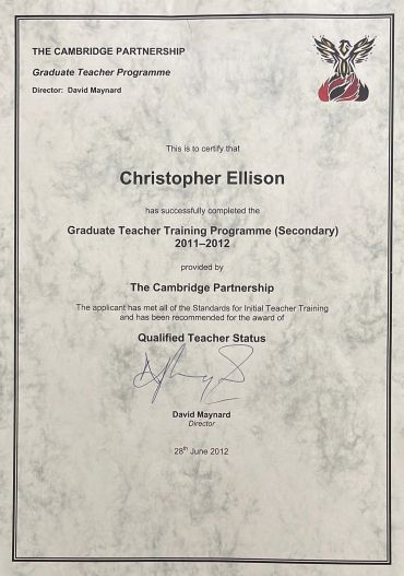 Certificate of completion for Christopher Ellison from The Cambridge Partnership.