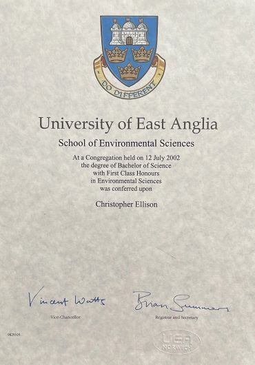 Degree certificate from University of East Anglia.