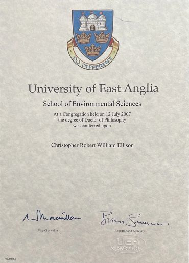 University of East Anglia PhD certificate for Christopher Robert William Ellison.