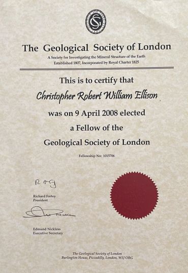Certificate from The Geological Society of London awarded to Christopher Robert William Ellison.