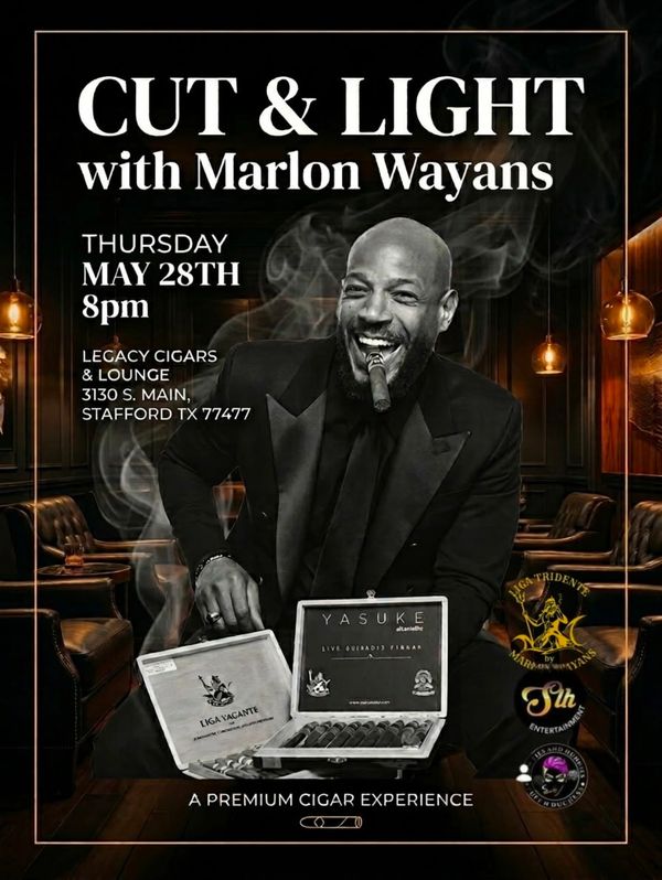 Marlon Wayans promotes a premium cigar event with cigars and lounge setting.