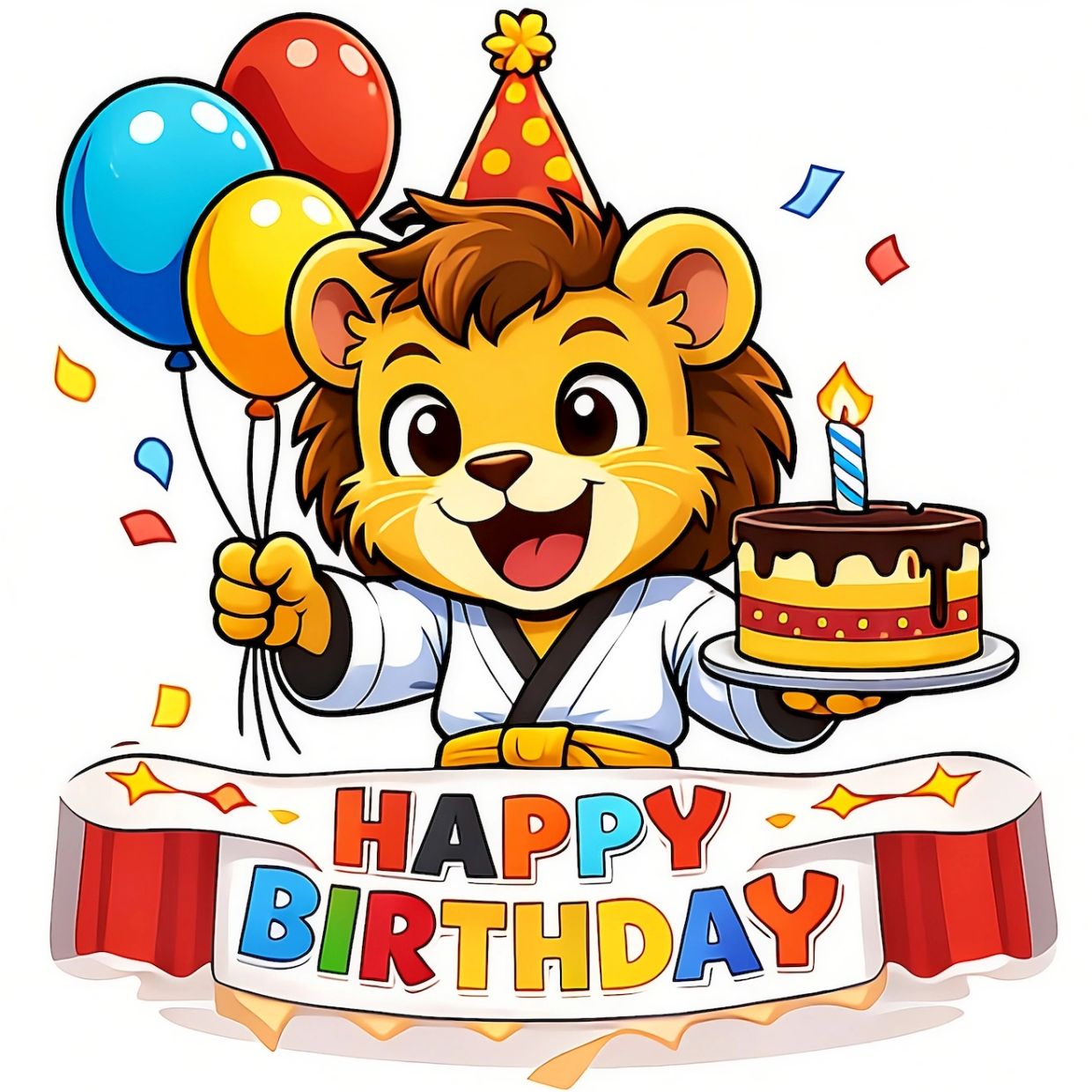 Cartoon lion holding balloons and birthday cake with a colorful Happy Birthday banner.