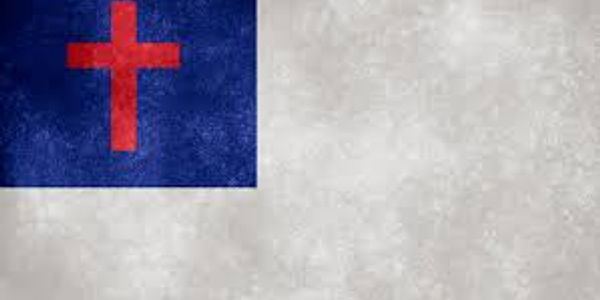 A white flag with a blue canton and a red Christian cross.