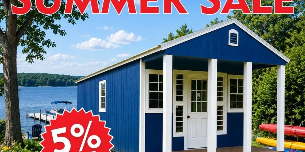 Blue garden shed by a lake on summer sale with 5% discount.