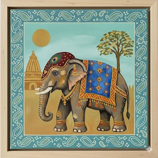 Decorated elephant with a temple and tree in the background, framed by a blue paisley border.