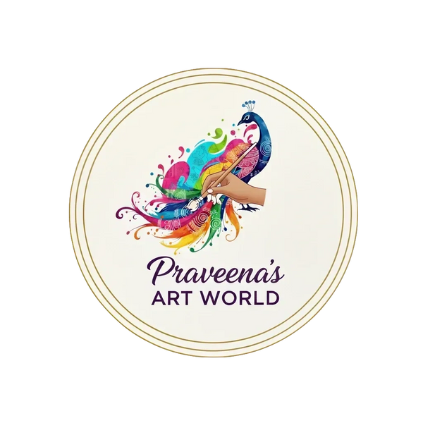Colorful peacock being painted with a brush, logo for Praveena's Art World.