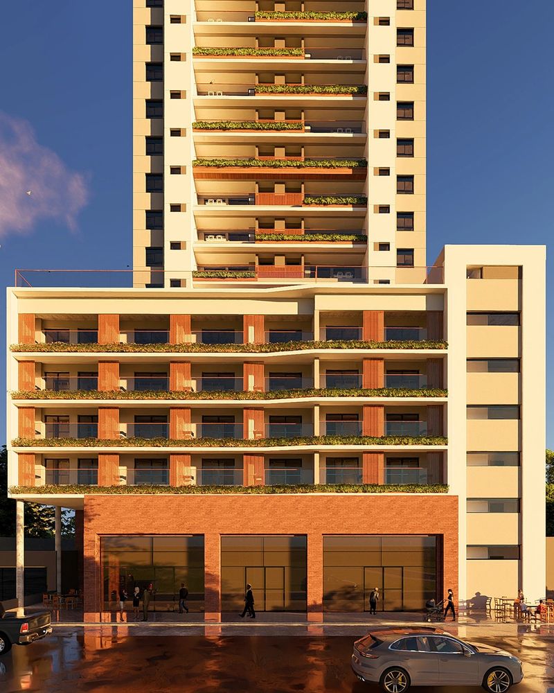 Fachada moderna de edifício de uso misto com base comercial em Ribeirão Preto - Nidarq.