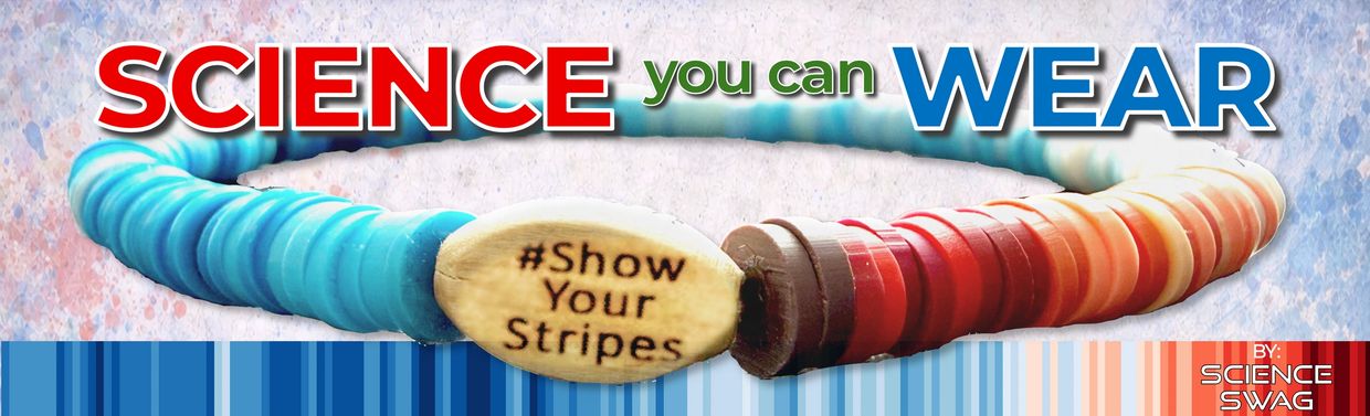 A colorful bracelet with the phrase '#Show Your Stripes' promoting wearable science.