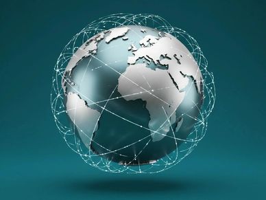 3D globe with interconnected lines symbolizing global communication.