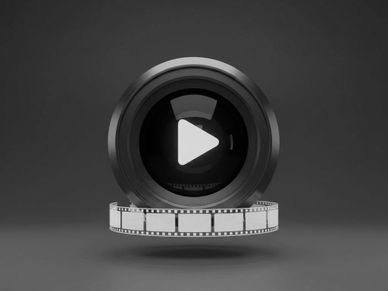 A camera lens with a film strip wrapped around it on a dark background.