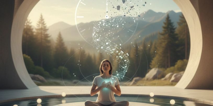 A woman meditates with glowing musical notes in a serene mountain setting.