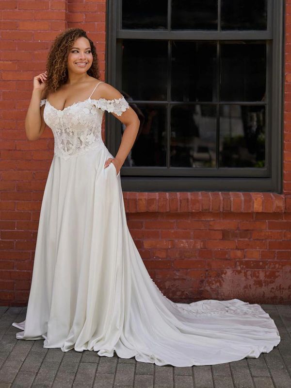 enchanted wedding dress designer Enchanted Floral Appliqu Wedding Dress with Plunging Neckline and Sheer Sleeves Plus Size Size 8