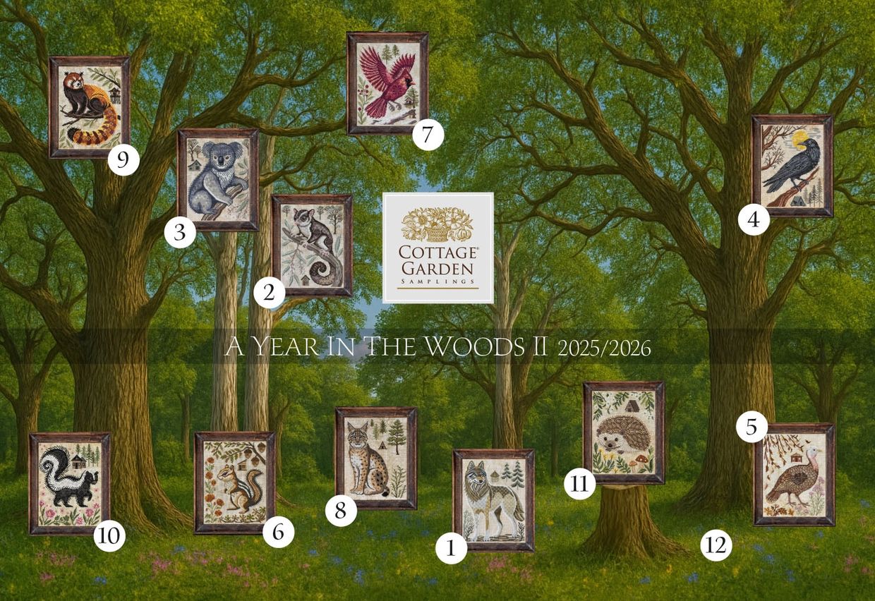 A collection of framed woodland animal cross-stitch patterns arranged in a forest scene.