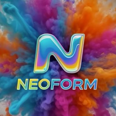 Colorful NeoForm logo with vibrant smoke background.