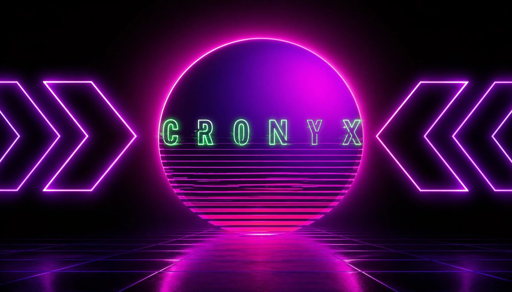 Neon-lit retro-futuristic design with the word 'CRONYX' and glowing arrows.