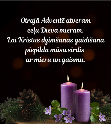 Two lit purple candles with pinecones and flowers symbolize Advent peace.