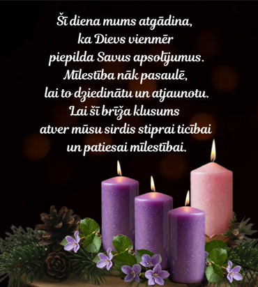 Inspirational Latvian text with candles and flowers symbolizing hope and love.