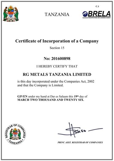 Certificate of Incorporation for RG Metals Tanzania Limited, issued by BRELA.