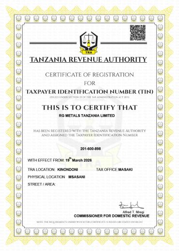 Certificate of registration for taxpayer identification number issued by Tanzania Revenue Authority.