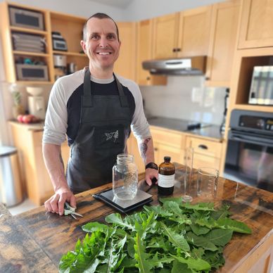 Person preparing herbs and tinctures in kitchen.